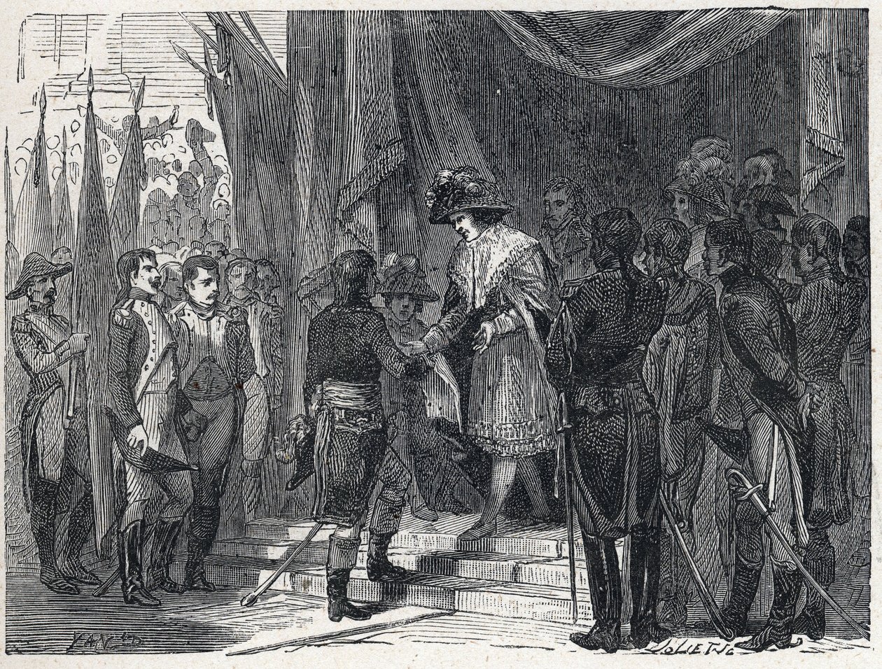 Napoleon Bonaparte overhandigde de handel van Campoformio aan het lid van de Uitvoerende Raad op 10 december 1797. Deze handel tussen Frankrijk en Oostenrijk markeert het einde van de Eerste Coalitie door French School