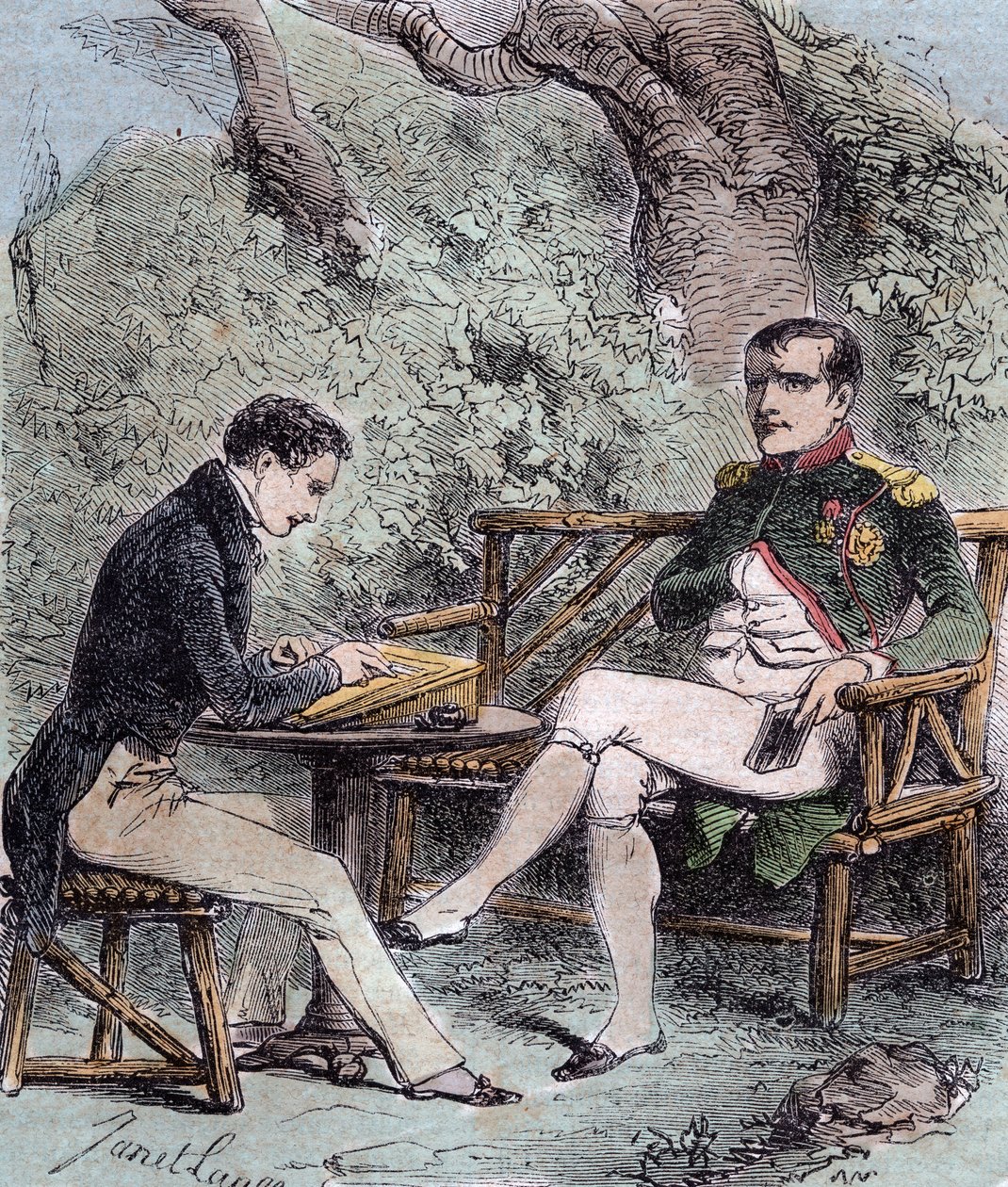 Napoleon op Sint-Helena - Napoleon dicteert zijn memoires aan Emmanuel Pons de Las Cases (1800-1854) zoon van Emmanuel de las Cases, - Uit Emmanuel de las Cases, Napoleon, Memorial de Sainte-Helene door French School