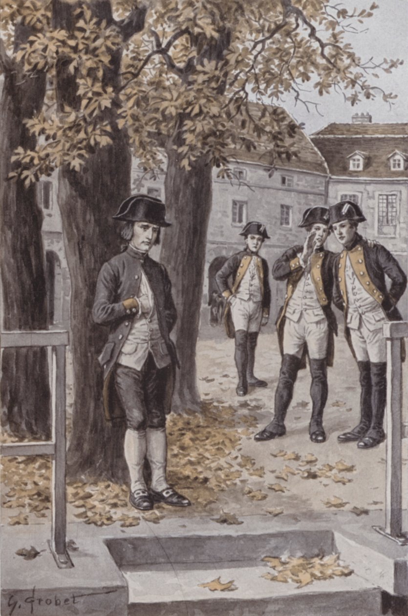 Napoleon bij Ecole Militaire, Brienne (litho) door French School