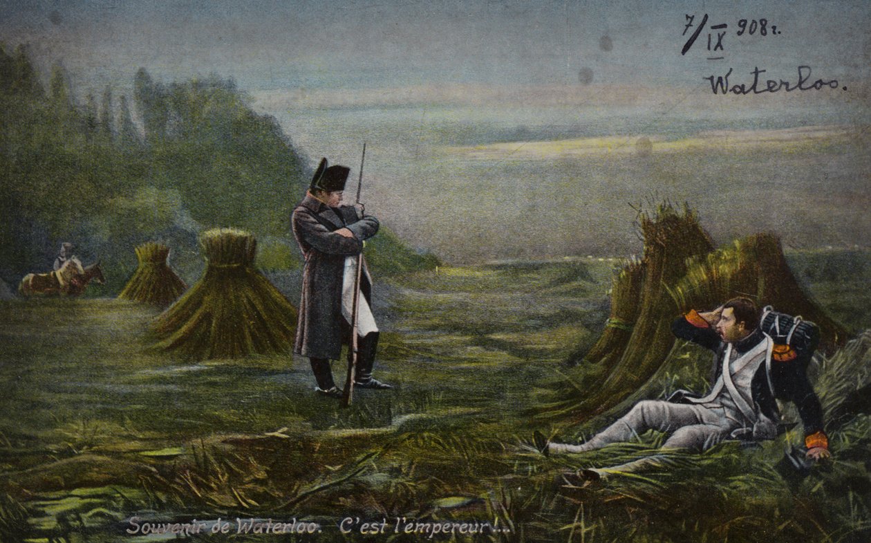 Napoleon bij Waterloo (kleurenlitho) door French School