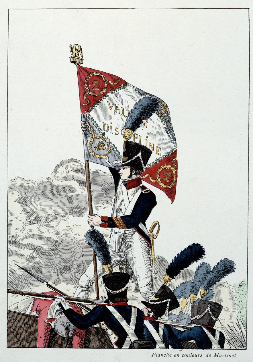 Napoleontisch Leger: Linie Infanterie. Sergeant-majoor plant zijn adelaar op een angst die drastisch werd weggevaagd. Gravure door Martinet (19e eeuw) 1808. Malmaison, Musee Du Chateau. door French School
