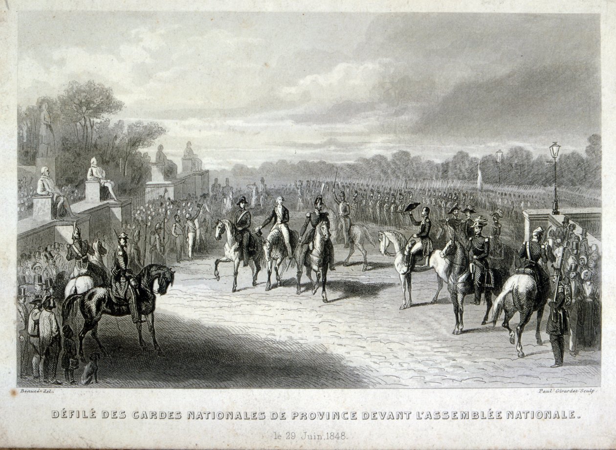 Nationale Garde soldaten beschermen de Nationale Vergadering in Parijs. Gravure tijdens de Franse Revolutie van 1848 door French School