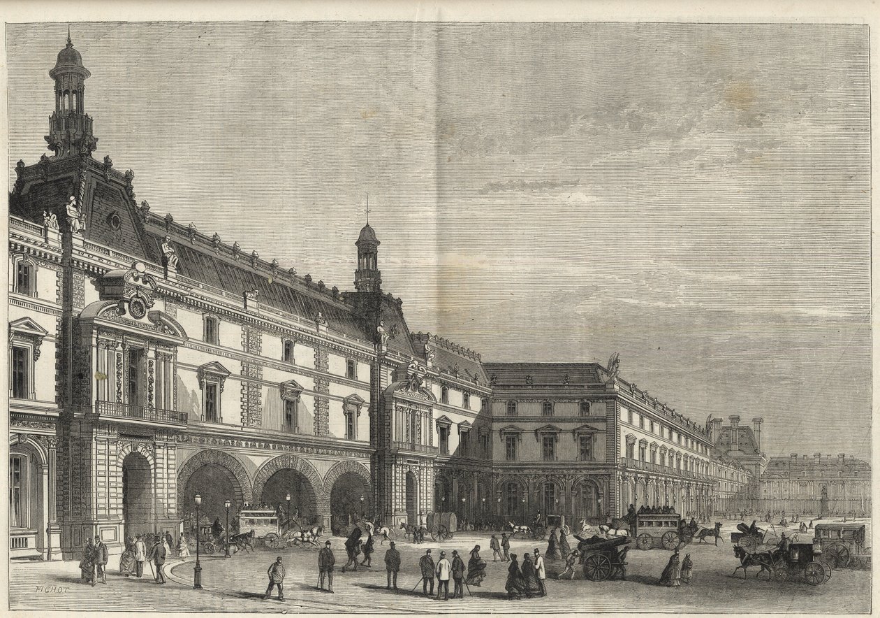 Nieuwe gebouwen van de Tuilerieën op de Place du Carrousel - Le nouveau Louvre - gevel aan de kant van de Place du Carrousel en de zaal des États - gravure van 1869 door French School