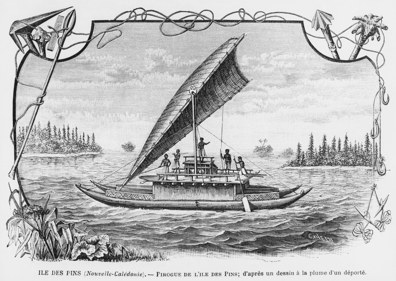 Nieuw-Caledonië, pirogue van het Isle of Pines, naar een pen- en inkttekening van een gedeporteerde, illustratie uit het bulletin Les Missions Catholiques, 1893 door French School