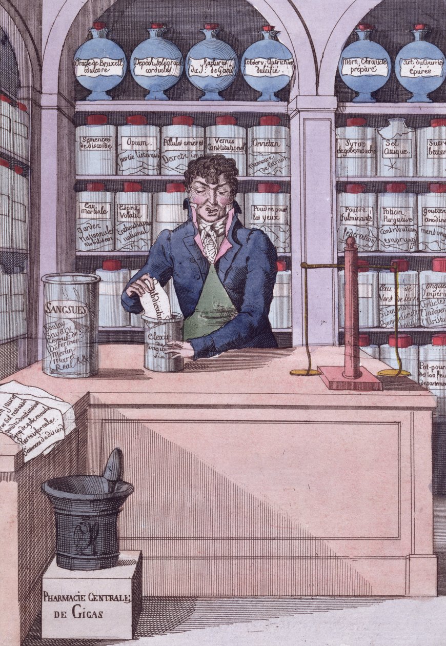 Krantendispensarium onder Napoleon, of de Chemicus Academicien, cartoon die de Pers verpletterd door Napoleon uitbeeldt door French School