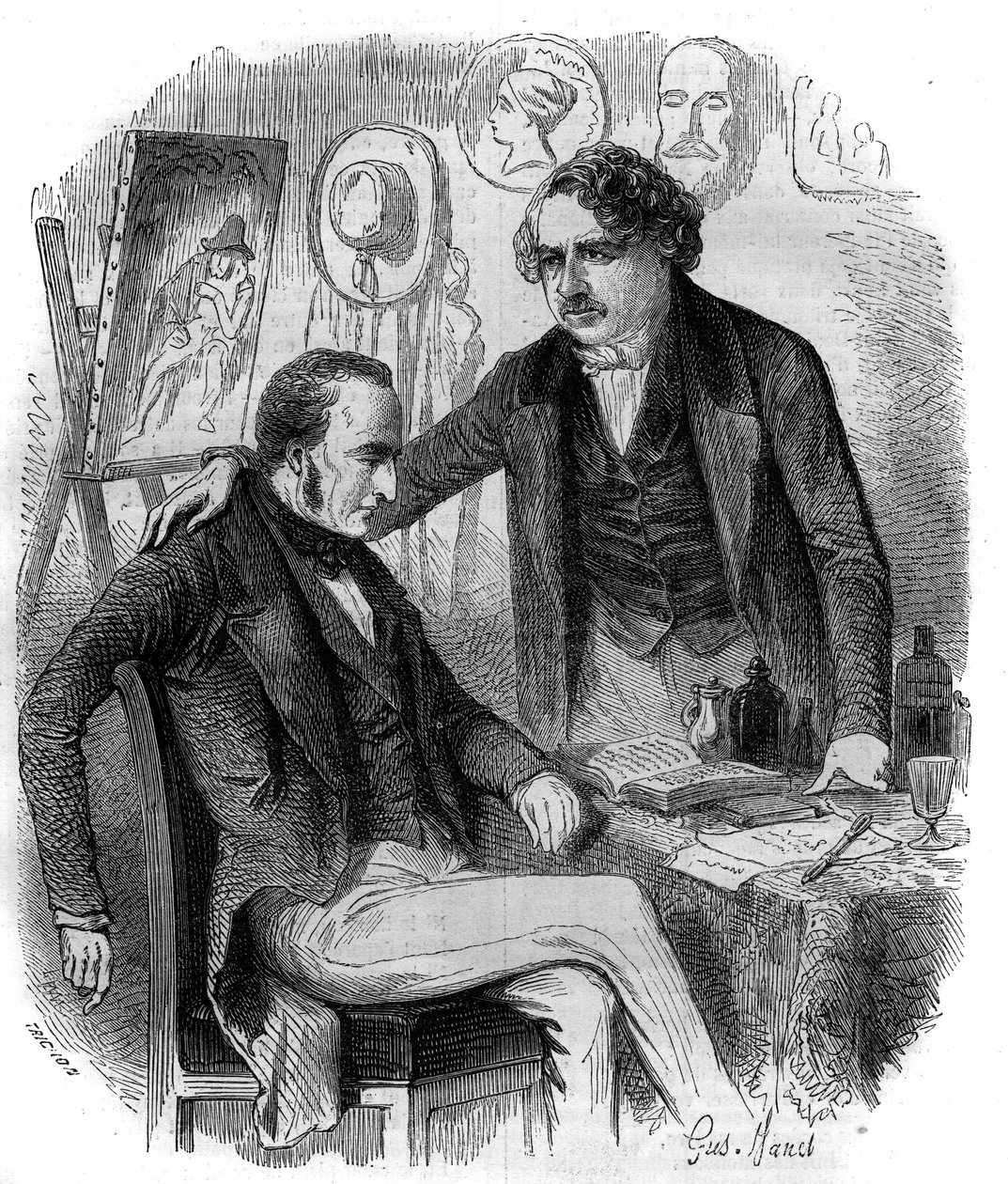 Nicephore Niepce (1765-1833) en Louis Daguerre (1787-1851), Franse uitvinders, pioniers van de fotografie. Gravure uit 1852. door French School