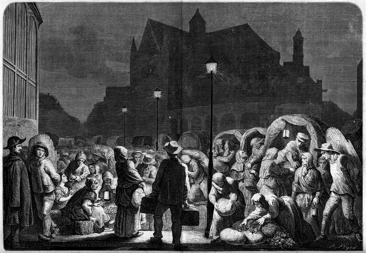Nachtelijke bevoorrading van de Parijse hallen, nabij de kerk van Saint Eustache door French School