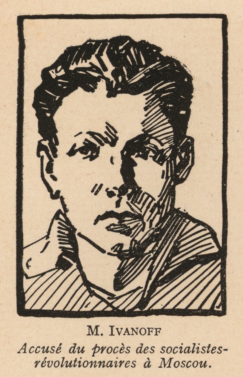 Nikolai Ivanov, Russische socialistische revolutionaire politicus die een van de beklaagden was in het Moskouse proces tegen socialistische revolutionairen in 1922, het eerste Sovjet showproces (litho) door French School