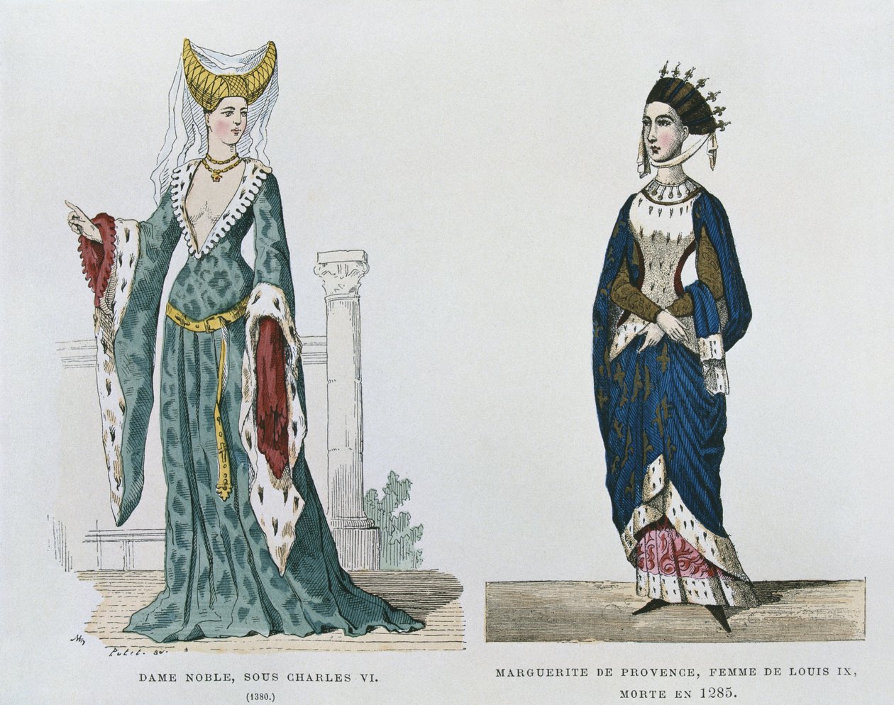 Adellijke vrouw onder het bewind van Karel VI, Marguerite de Provence, vrouw van Lodewijk IX, overleden in 1285, uit Costumes civils et militaires des francais a travers les siecles door French School