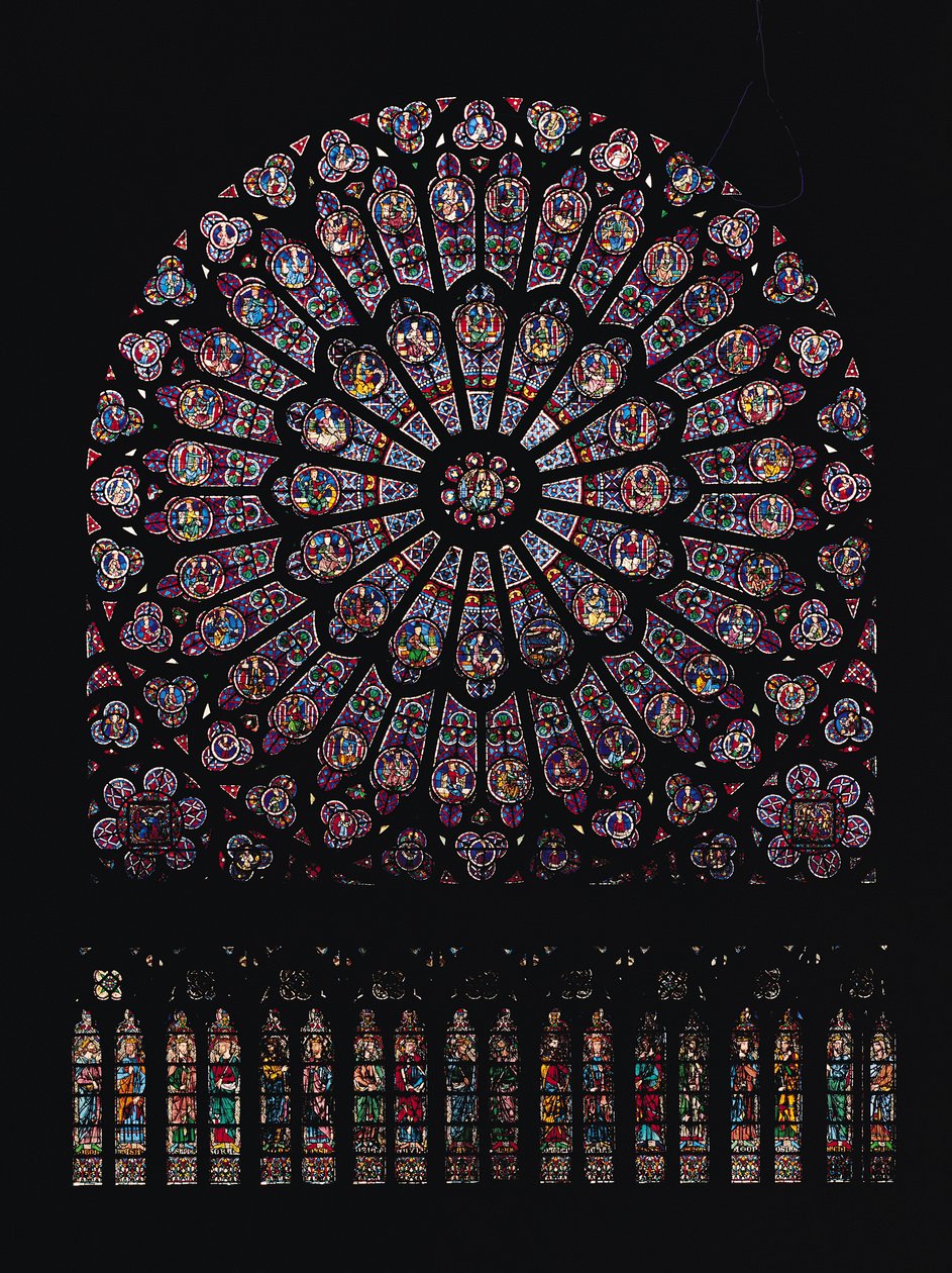 Noord transept roosvenster met de Maagd en Kind in het midden omringd door Oudtestamentische figuren, ontworpen ca. 1250 door French School