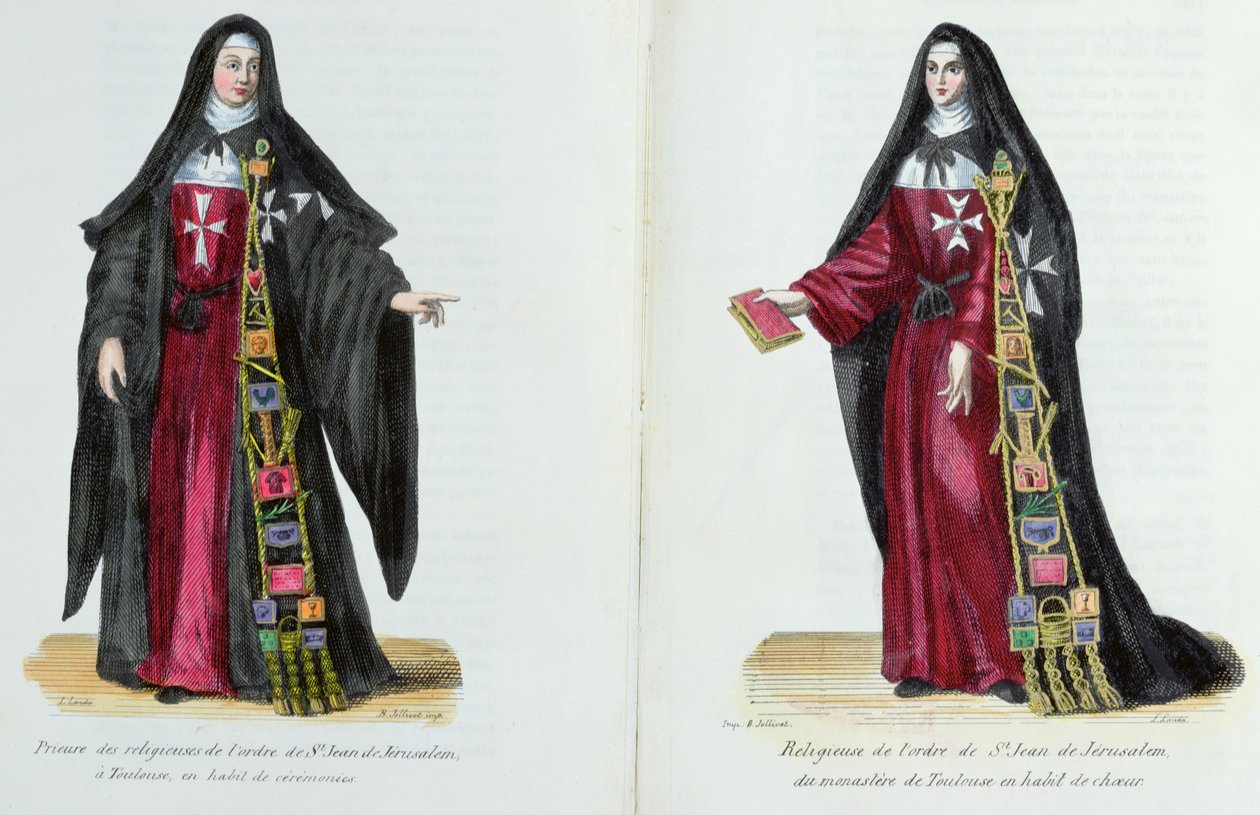 Nonnen van de Orde van Sint-Jan van Jeruzalem, illustratie uit Geschiedenis en Kostuums van Monastieke Orden door Vader Helyot, 1842 door French School