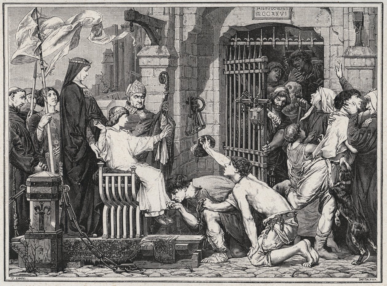 Bij gelegenheid van zijn toekomst (1227), bevrijdt de jonge Lodewijk IX gevangenen - gravure in 