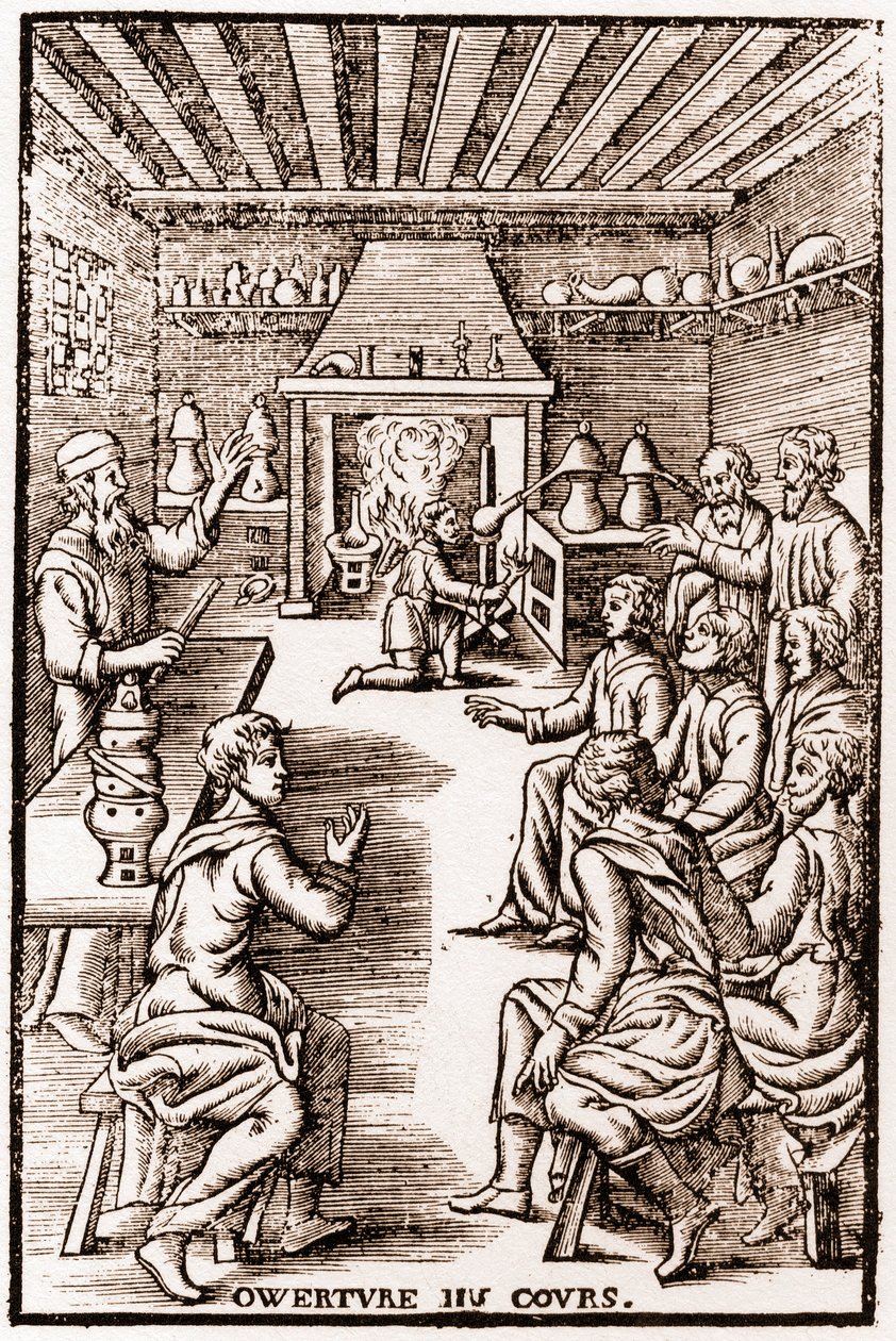 Opening van de cursus transmutatorische chemie - Gravure van 1653 in 