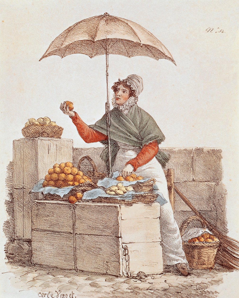 Sinaasappelverkoopster, prent, Frankrijk door French School