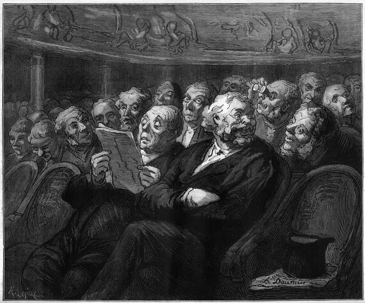 Orkeststoelen. Cartoon door Honore Daumier (1808-1879). Gravure in 