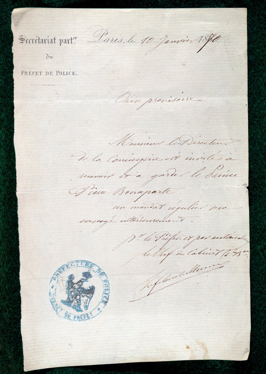 Bevel tot opsluiting aan de conciërge van prins Pierre Bonaparte (1815-1881) op 10 januari door French School