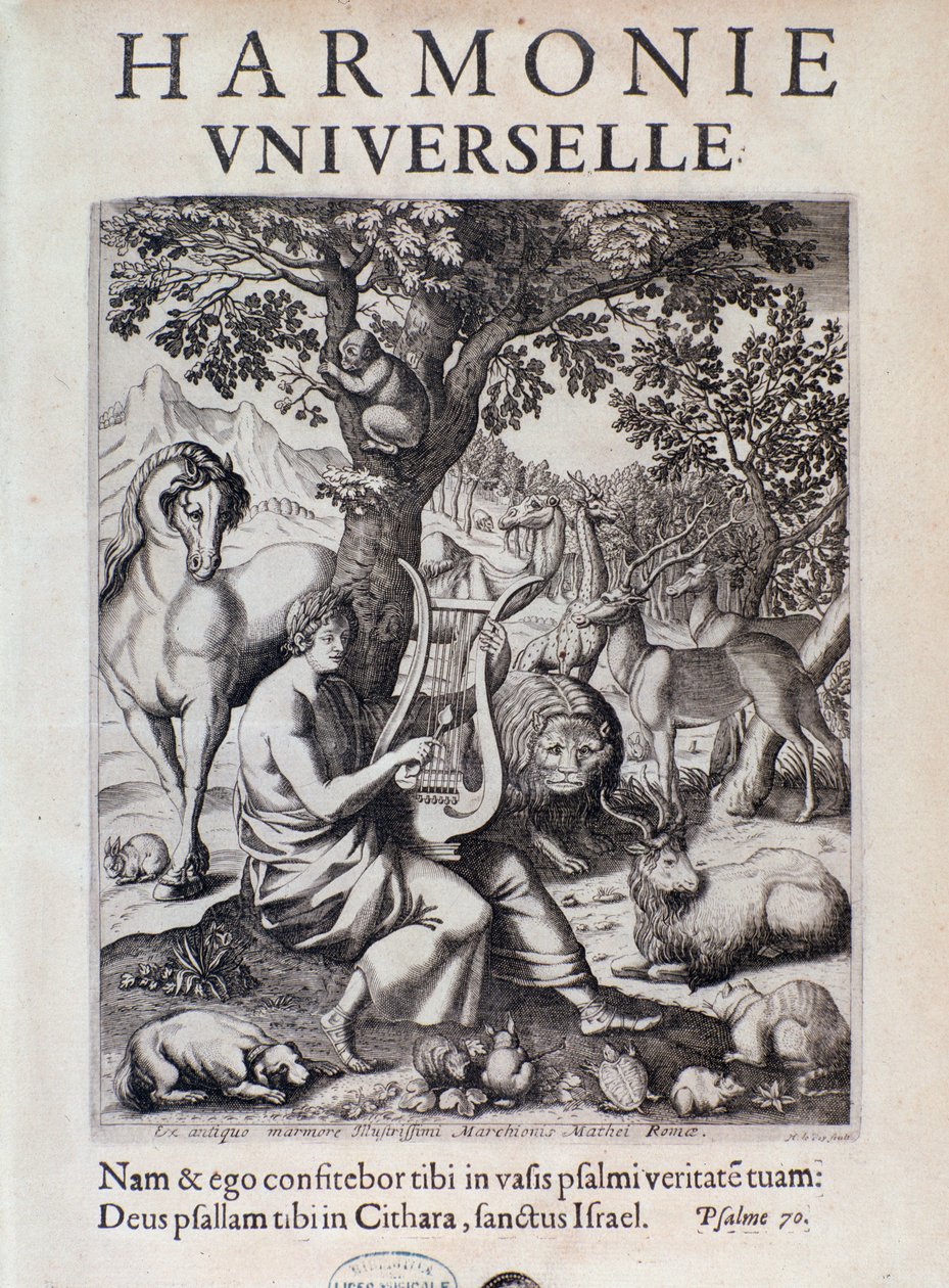 Orpheus speelt voor dieren. Frontispice van Harmonie universelle door Marin Mersenne door French School