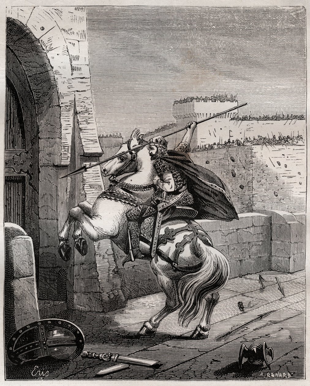 Otto II, Heilige Roomse Keizer voor Parijs - Otto II van het Heilige Rijk, bekend als de Roux (955-983) irriteert zich omdat hij Parijs niet kan binnendringen (Belegering van Parijs, 978), nadert de stadsmuren om zijn speer in de deur te planten - gravure  door French School