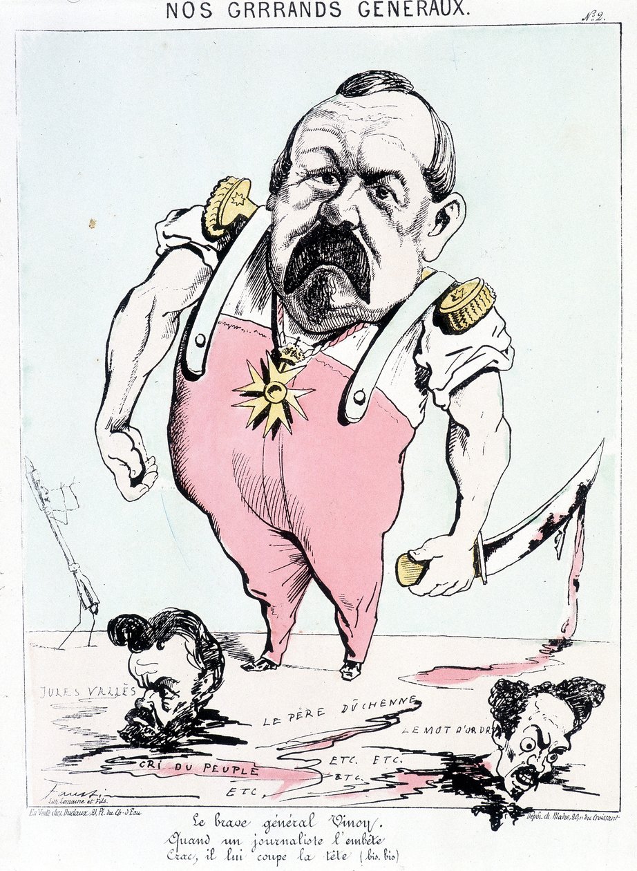 Onze grote generaals: de dappere Generaal Vinoy als een journalist hem lastigvalt, knak, hij hakt zijn hoofd eraf. Cartoon over Vinoy en de Commune. door French School