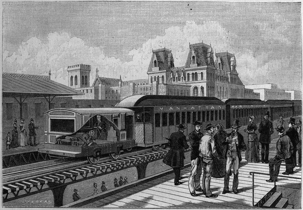 Overzicht van het verhoogde spoorwegstation en elektrische trein in New York, VS. Gravure in 