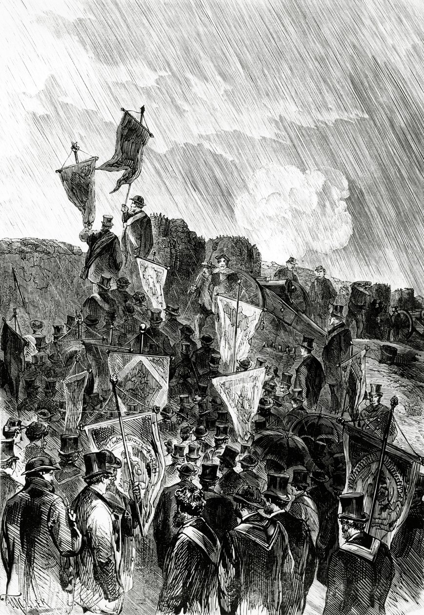 Pacifistische demonstratie op de vestingwerken door vrijmetselaars op 28 april 1870 om het bombardement van Parijs te eisen, uit Le Monde Illustré, 5 mei 1870 door French School