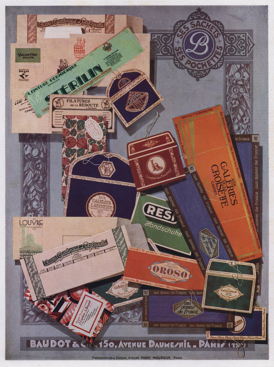 Verpakkingsontwerpen door Baudot et Cie, Parijs (kleurenlitho) door French School