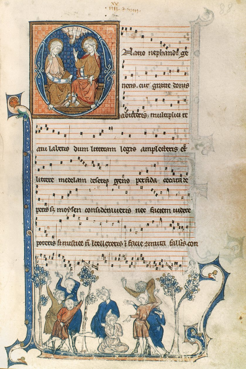 Pagina uit een manuscript voor een Parijse zanger, met illustraties van de Heilige Drie-eenheid en het spel Blindemansbluff, ca. 1280-1315 door French School