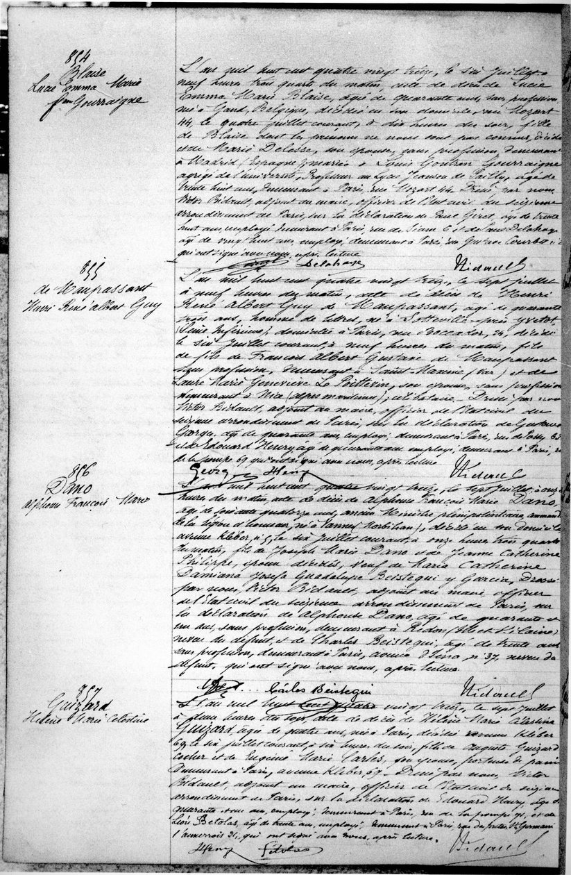Pagina met de overlijdensakte van Guy de Maupassant (1850-93) 7 juli 1893 door French School