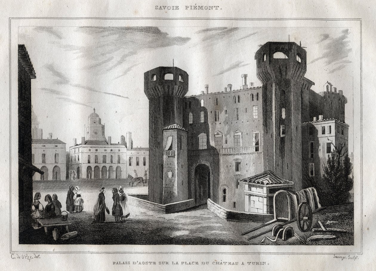 Paleis van Aosta op de Place du Chateau in Turijn - Gravure uit 