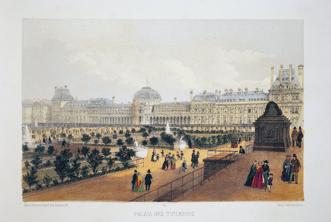 Palais des Tuileries, Parijs. Lithografie aquarel, illustratie in 