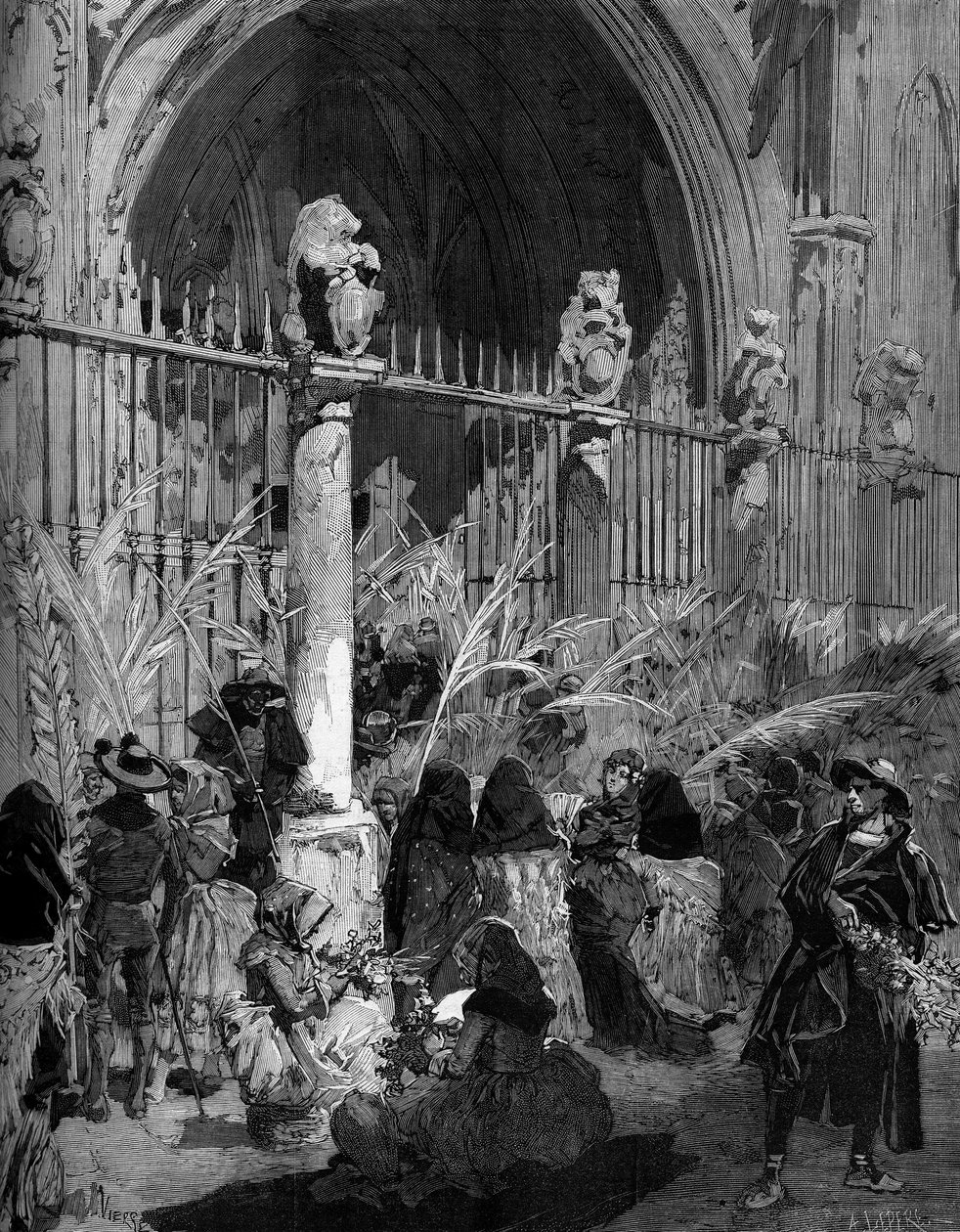 Palmzondag in Spanje: verkoop van gewijde palmbomen voor de kathedraal van Toledo. Gravure van Virgo in 
