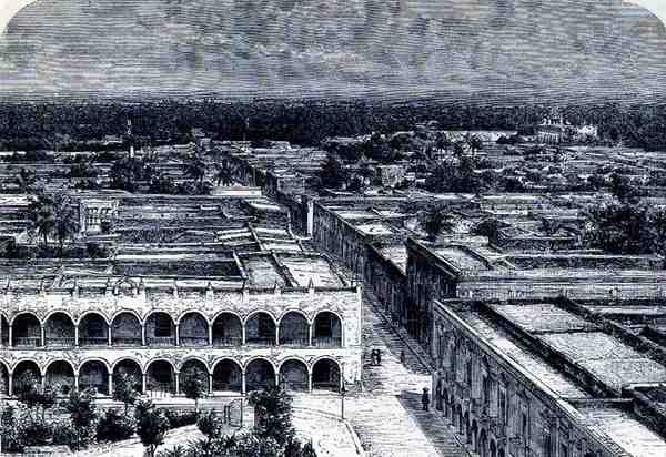 Panoramisch uitzicht op Merida, uit De oude steden van de Nieuwe Wereld, door Claude-Joseph-Desire Charnay, uitgegeven 1887 door French School