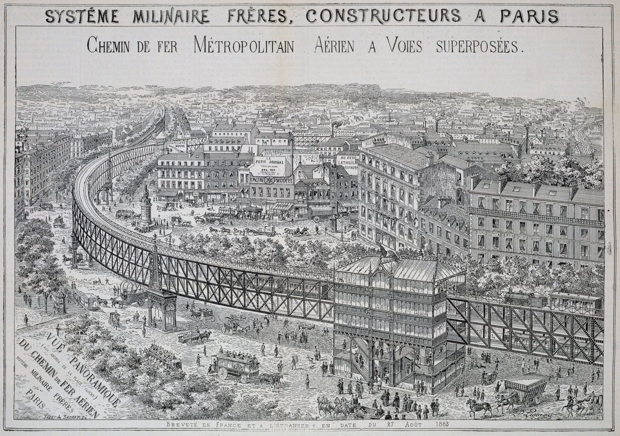 Panoramisch Uitzicht op de Overground Metro in Parijs, illustratie uit Le Metropolitain, mei 1885 door French School