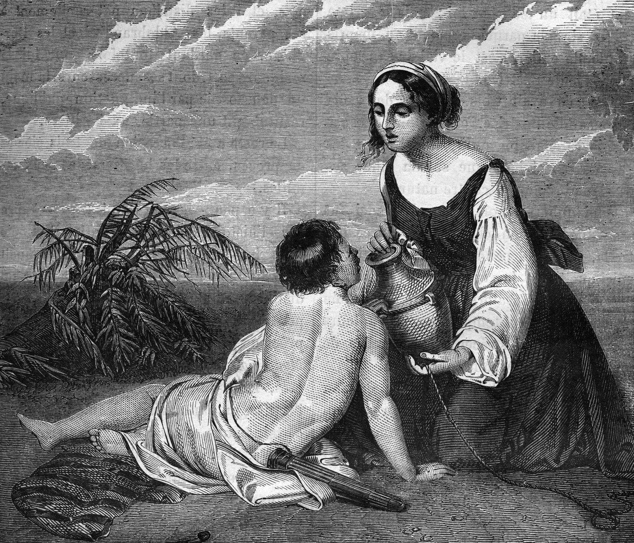Agar, de dienaar van Abraham, baarde hem een zoon, omdat zijn vrouw Sarai geen kinderen kon krijgen. Ze zal met het kind in de woestijn worden opgejaagd en dankzij een engel water vinden. Gravure in 