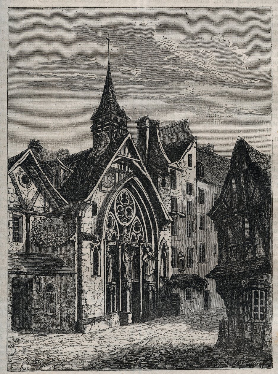 Parijs - Rue Saint-Martin, kerk Saint-Julien-des-Menetriers - Gravure in 