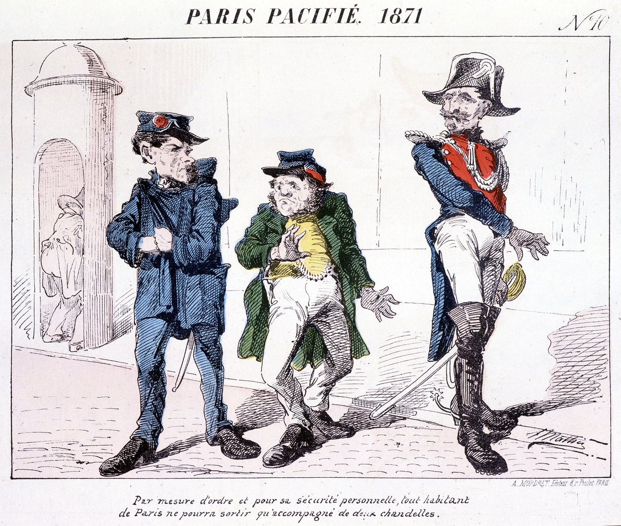 Parijs Gepacificeerd 1871 - Als een maatregel van orde en persoonlijke veiligheid mag elke inwoner van Parijs alleen met twee kaarsen naar buiten. Cartoon over de Commune door French School