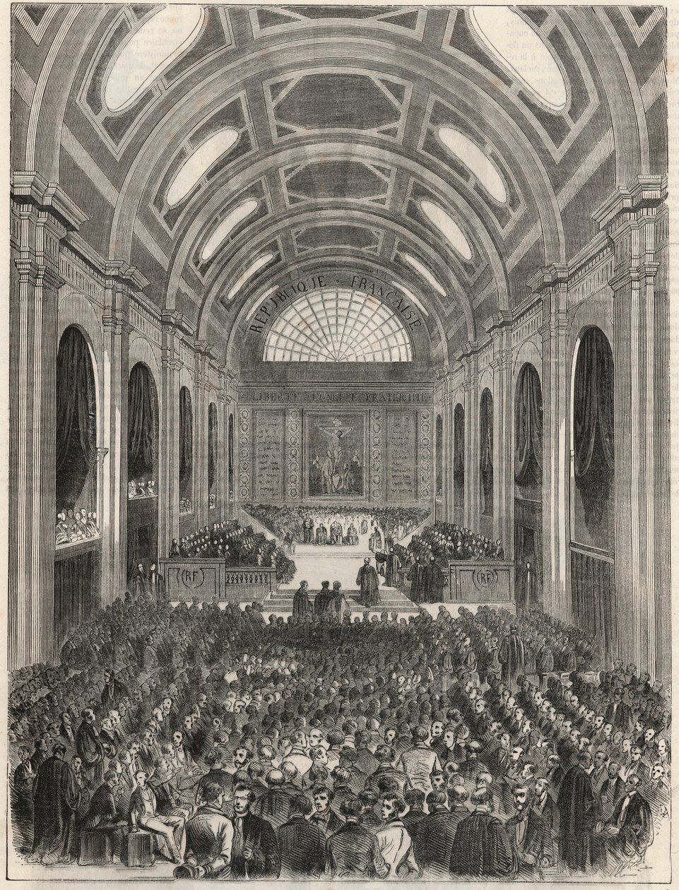 Paris, Palais de Justice - La salle des pas perdus tijdens een officiële ceremonie - Gravure in 