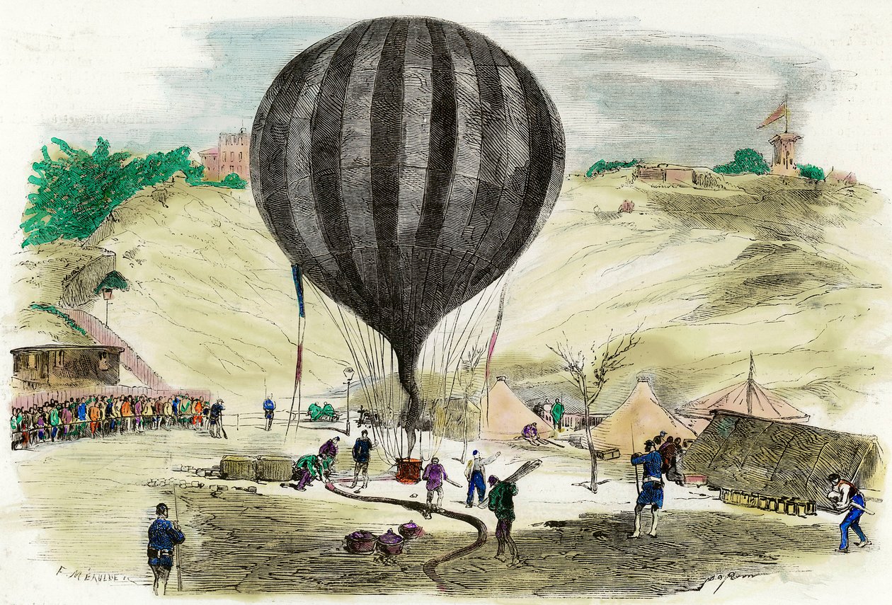 Belegering van Parijs in 1870: uitzicht op een van de ballonnen die werden gebruikt voor communicatie met de buitenwereld, geplaatst op Place Saint Pierre (Montmartre) in Parijs. Gravure uit 1870 Privécollectie door French School