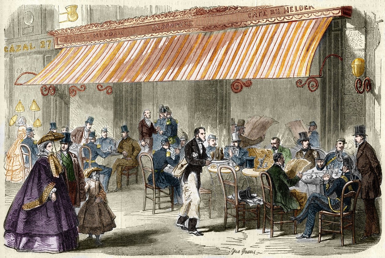 Parijs in de 19e eeuw. De boulevard des Italians in 1859: buiten het café Helder om vijf uur 