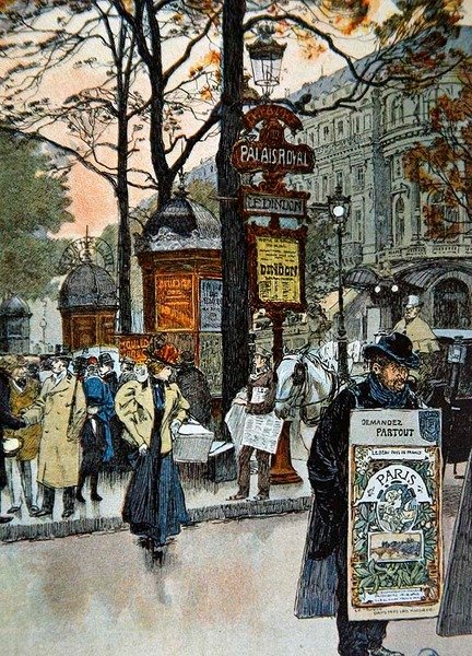 Parijse straatscène nabij het metrostation Palais-Royal, c.1900 door French School