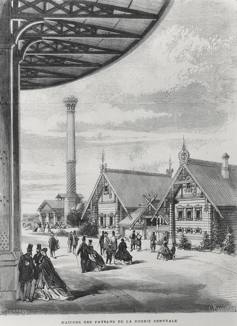 Boerenhuizen bij het Russische paviljoen op de Exposition Universelle van 1867 door French School