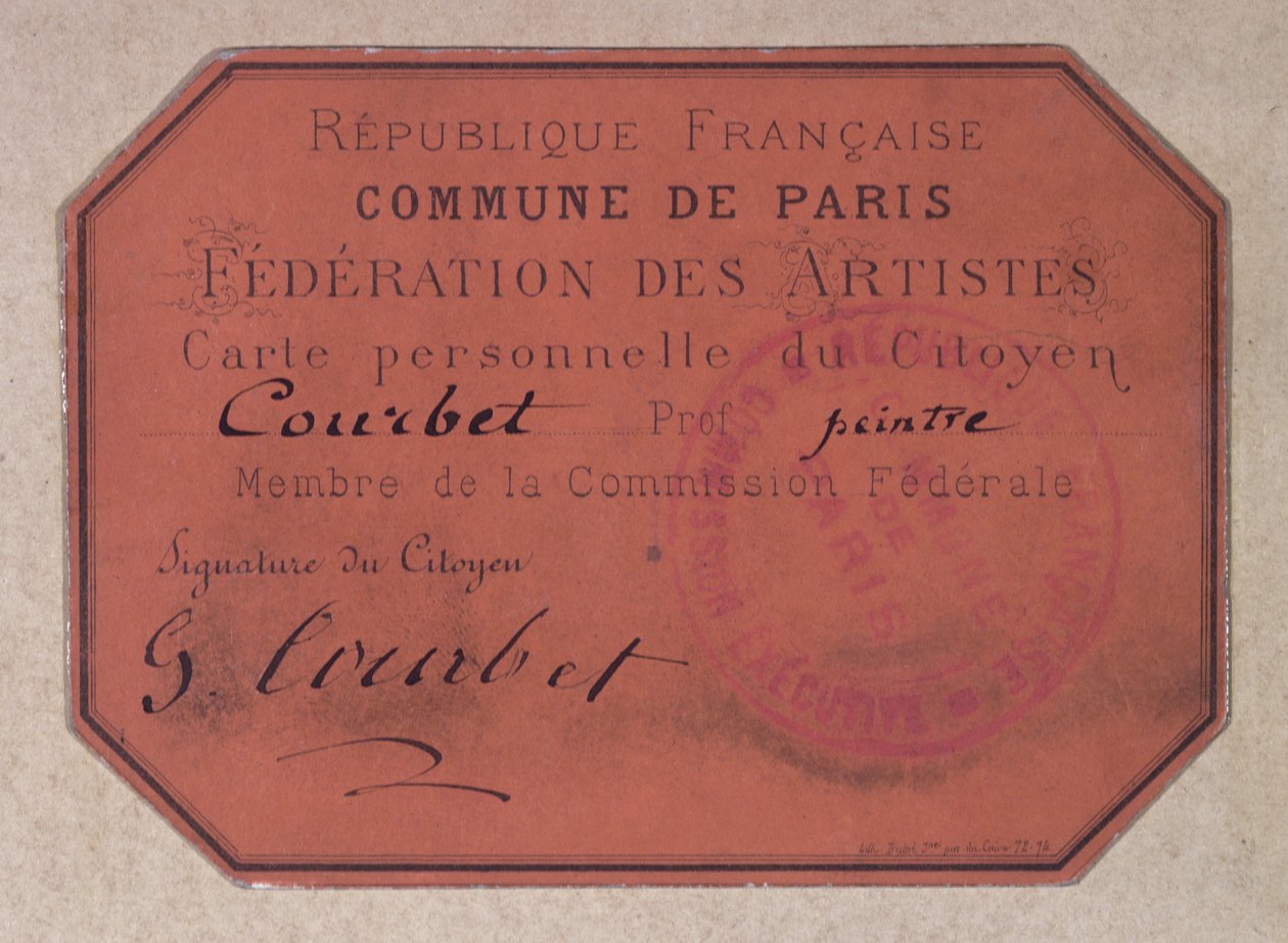 Persoonlijke kaart uitgegeven door de Parijse Federatie van Kunstenaars tijdens de Commune van Parijs en behorend tot Gustave Courbet, 1871 door French School
