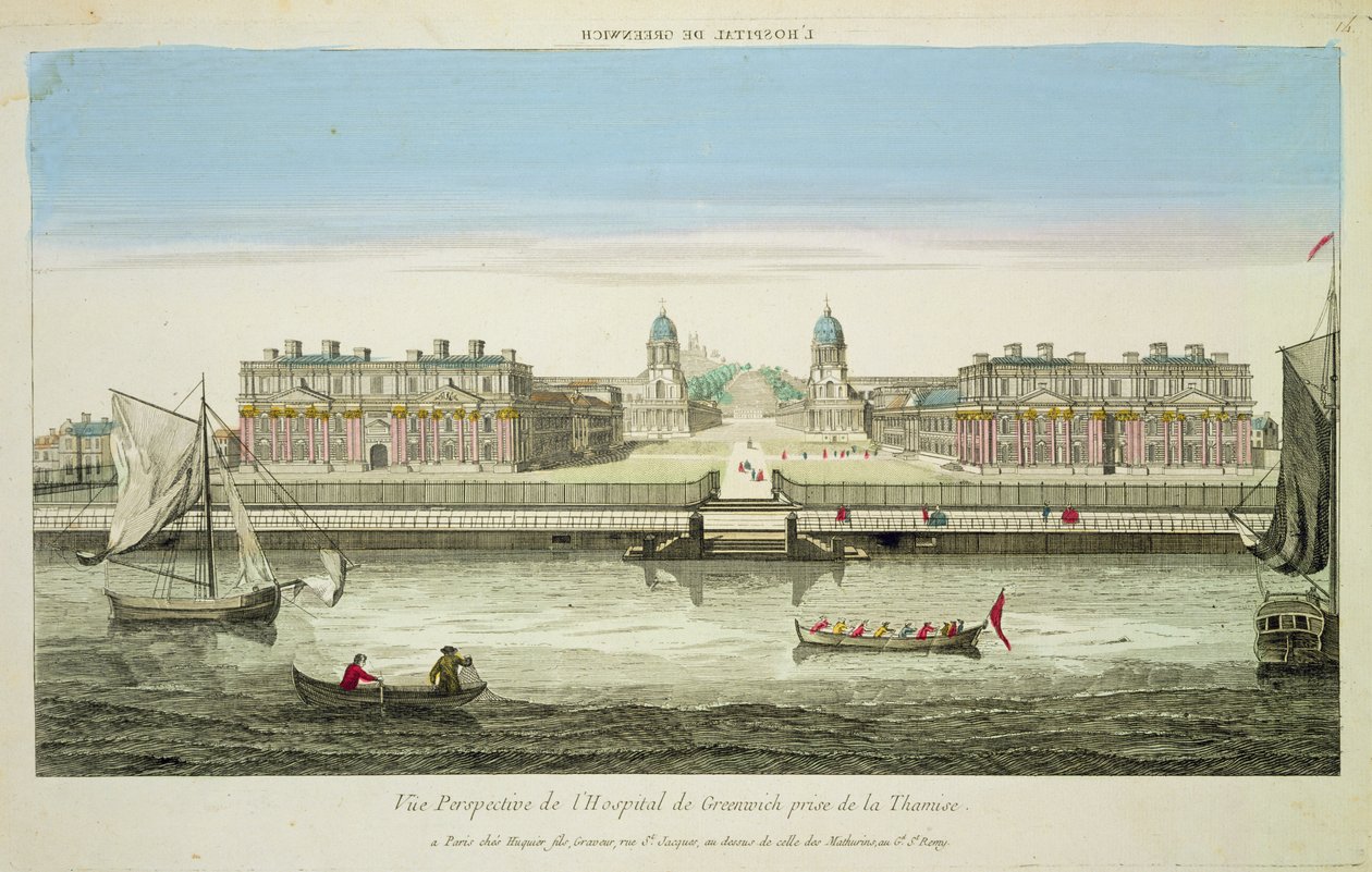 Perspectief Zicht op Greenwich Hospital aan de Theems, gegraveerd door Huquier door French School