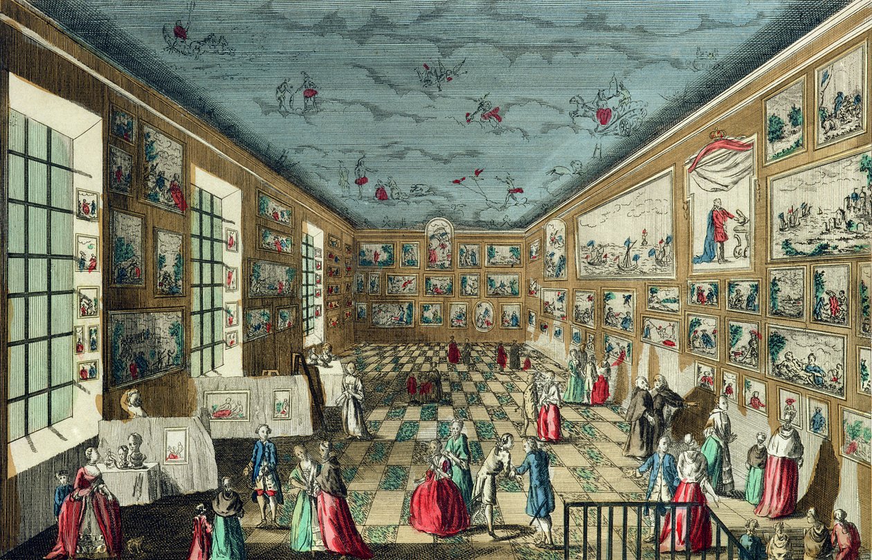 Perspectiefweergave van de salon van de Koninklijke Academie voor Schilderkunst en Beeldhouwkunst in het Louvre, Parijs door French School