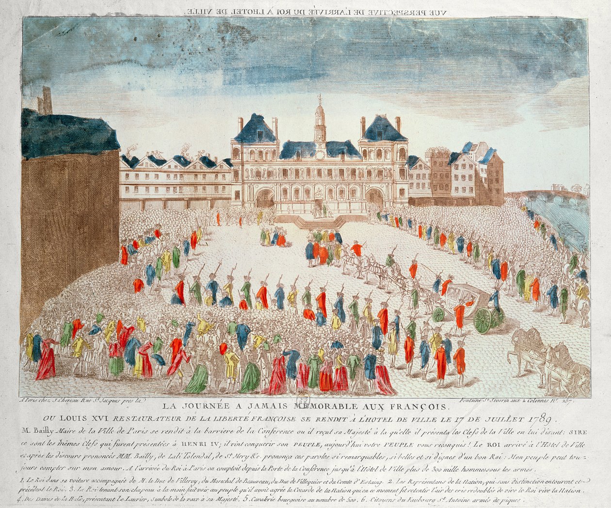 Perspectiefweergave van de aankomst van Lodewijk XVI (1754-93) in het Hôtel de Ville, 17 juli 1789 door French School