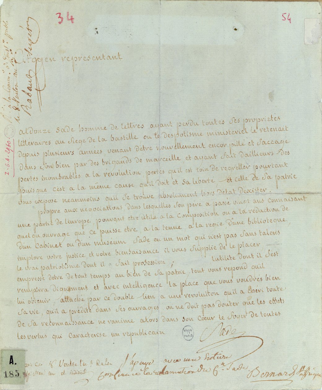 Verzoekschrift van Aldonze Sade voor werk, 1794-95 door French School