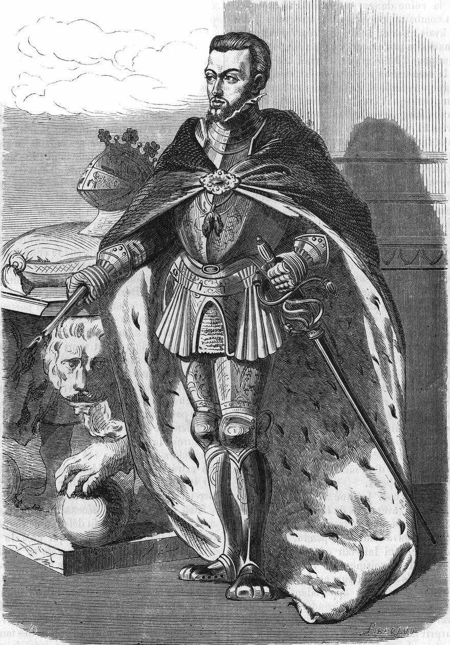 Filips II (1527-1598), koning van Spanje. In “Histoire Populaire de la France”, ca. 1885. Gravure. door French School