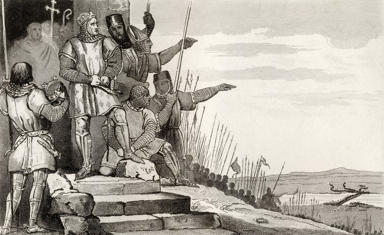 Philippe II Auguste (1165-1223) wint de Slag bij Bouvines na gebed, uit 
