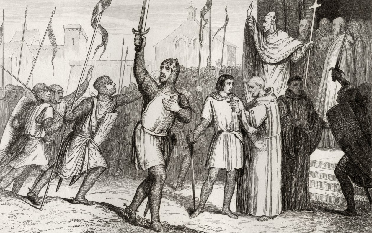 Philippe I en paus Urbanus II verzamelen volgelingen voor de Eerste Kruistocht in 1095, uit 
