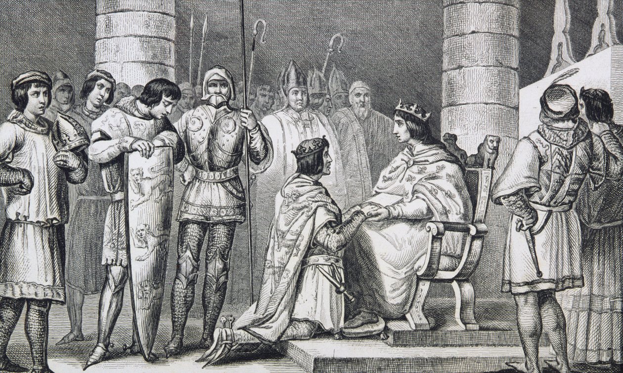 Philippe VI (1293-1350) de Valois brengt hulde aan Edward III (1312-77) van Engeland maar alleen als hertog van Aquitanië, uit 